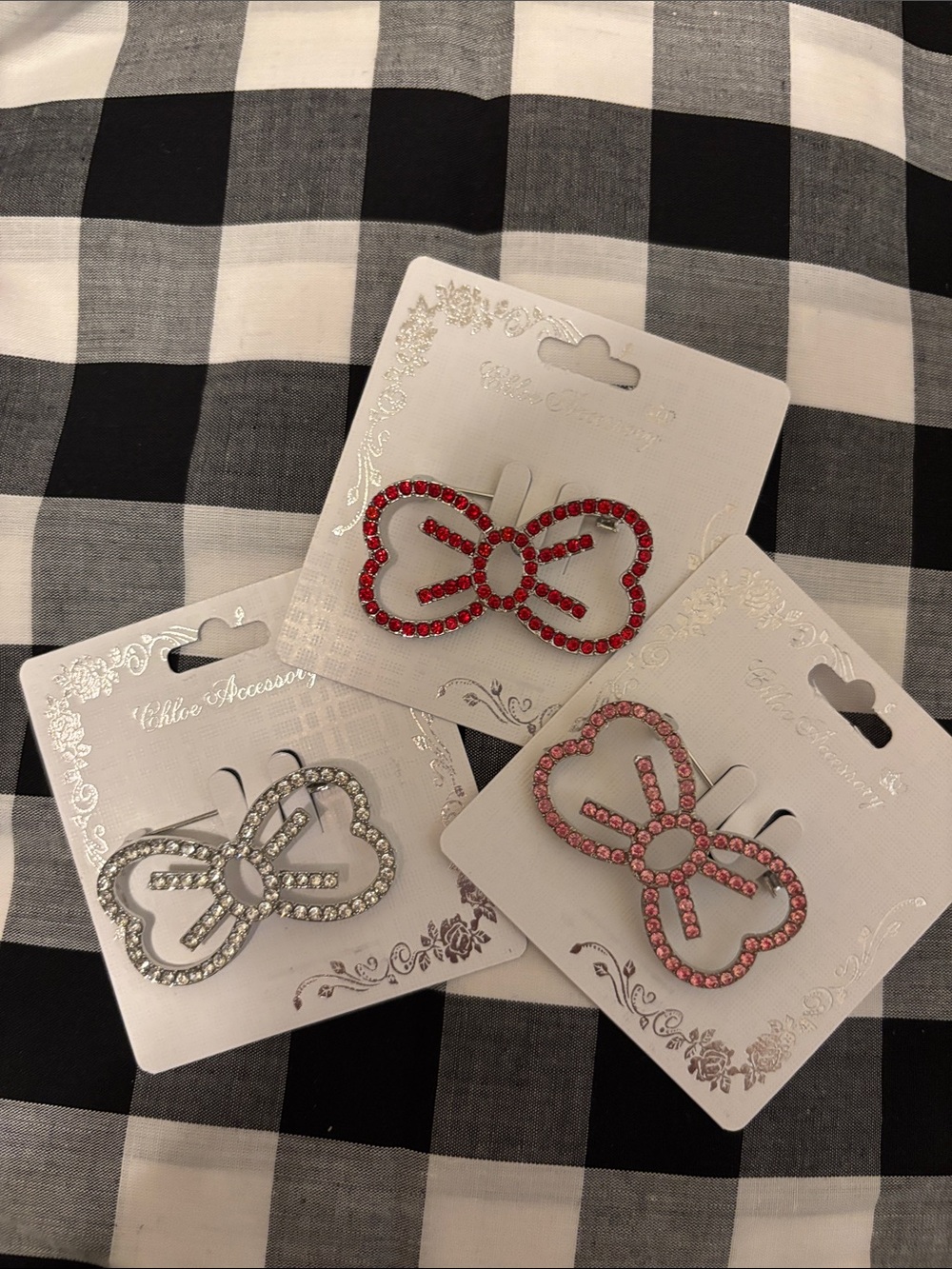 Rhinestone Bow pins- Red, Pink & Silver (Set of 3)